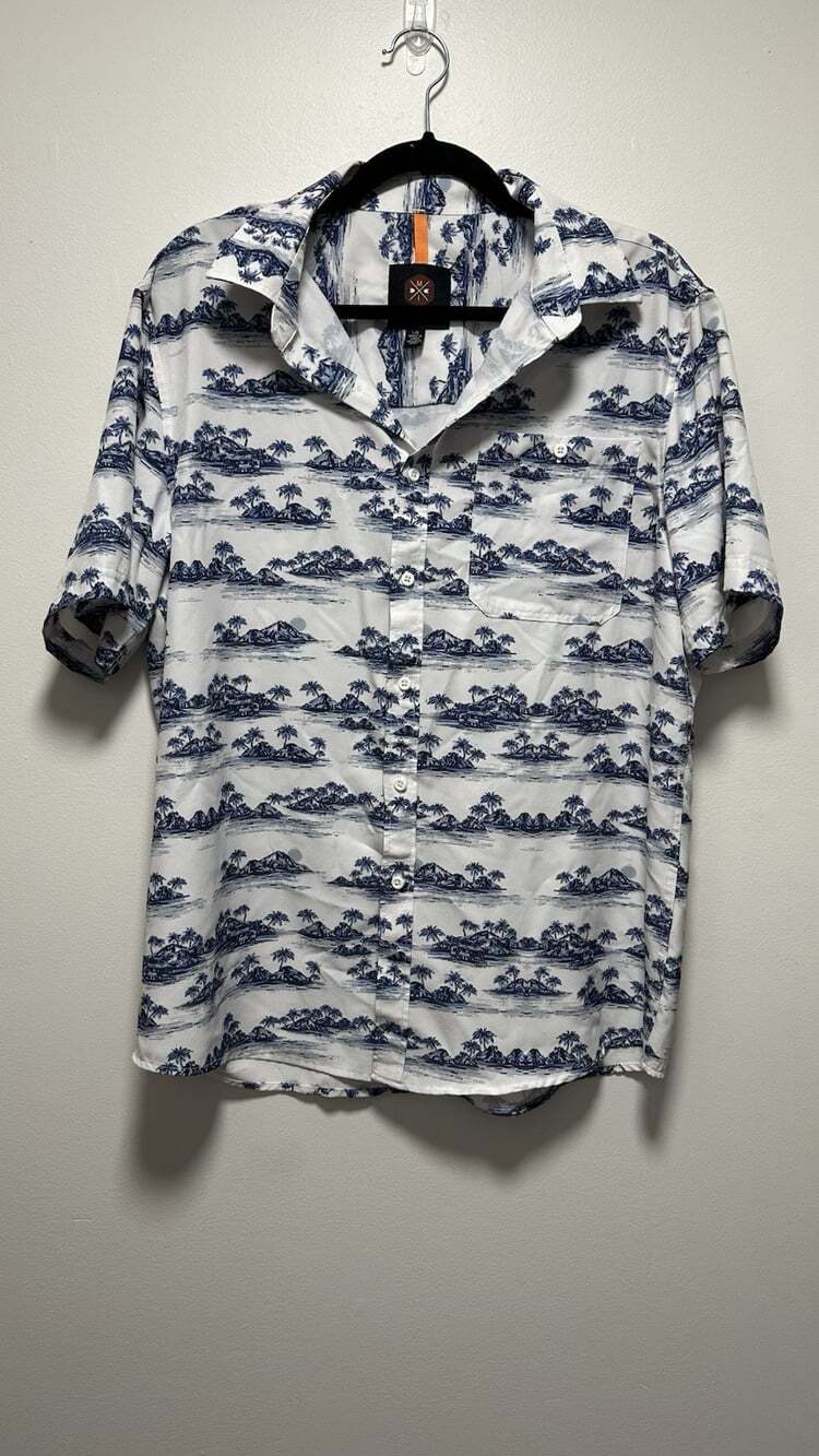 Mountain and Isles Mens Large Blue White Tropical Palm Tree Button Down Shirt